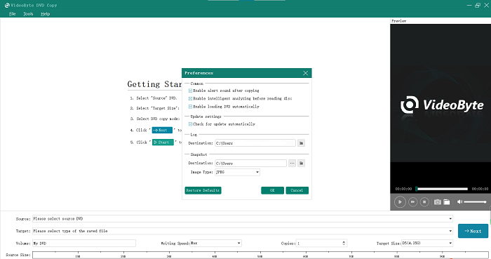 Configuración de preferencias de copia de DVD