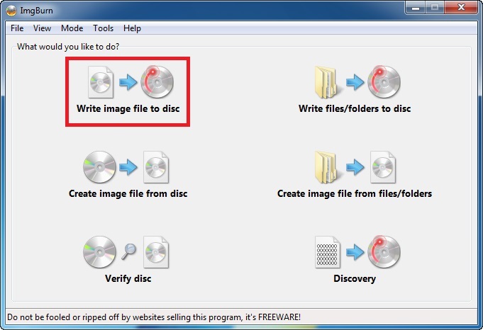 Seleziona Scrivi file immagine su disco su ImgBurn